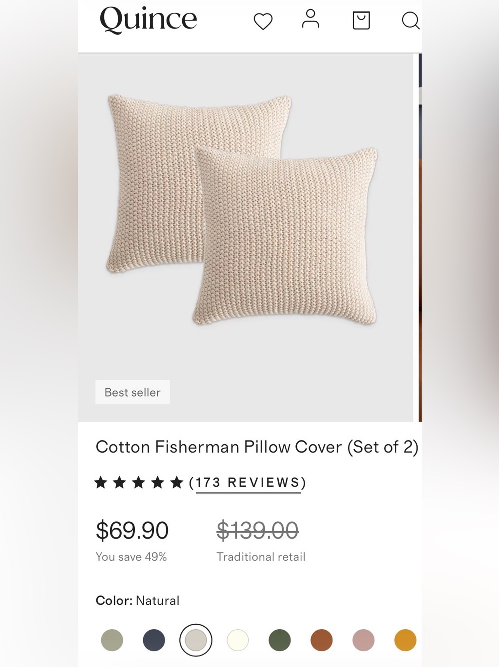 NWT Quince Set of 2 Cotton Fisherman Pillow Covers, 20 X 20 (Natural) - Picture 2 of 6